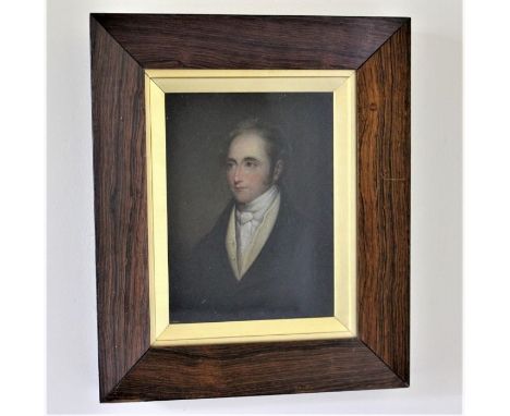 Early 19th century English school&nbsp; Portrait of a young gentleman, half length, wearing a dark jacket and white stock, oi