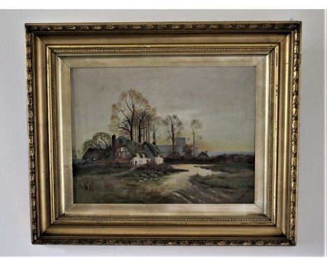 M. Walker&nbsp; River landscape with small hamlet, signed and dated (19)08, oil on canvas, 31cm x 41.5cm, Alec E.F. Wright "P