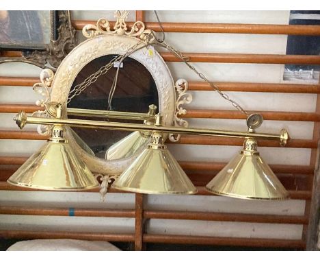 Large Brass triple shaded light fitting and cream ornate metal framed mirror&nbsp;