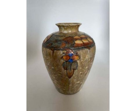 Cranston Pottery tube lined vase in Tukon pattern mottled glaze. Circa 1910Height 22cmCondition good