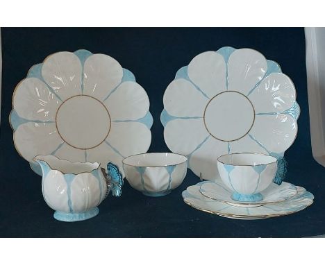 A stunning Art Deco 1930's Bone China Aynsley Butterfly Harlequin pattern in blue, tea set, pattern No B13222, Comprising of 