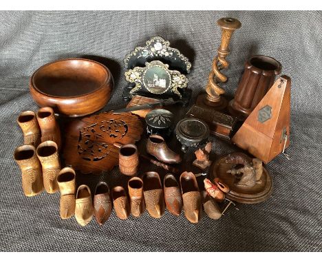 A collection of Treen and Japanned items to include a Japanned letter rack with mother of pearly detail and Cathedral image t