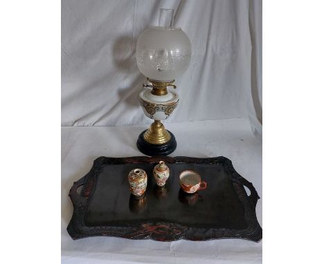 A Japanese lacquered&nbsp;tray 35cm x 60 cm and a mid Victorian Glass and Brass oil lamp 56cm tall , along with 3 Satsuma ite