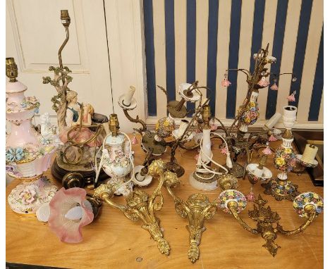 A group of electric ceiling lights and lamps , to include a Capodimonte lamp with a courting couple .(3)
