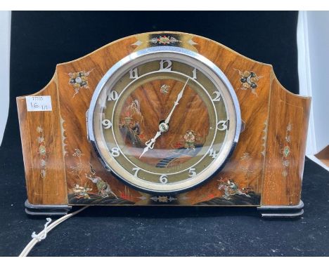 walnut mantle clock with Chinoiserie decoration mid 20th c