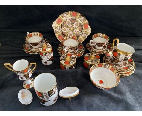 Abbeydale Imari Chrysanthemum pattern Bone China - 3 trios, 3 lidded canisters, 2 additional lidden cannisters with damage to