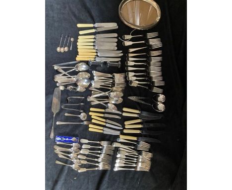 Tray of Plated Cutlery, 2 Glass Stands, 4 small silver spoons, a pair of cast iron based oil lamps with glass reservoirs, one