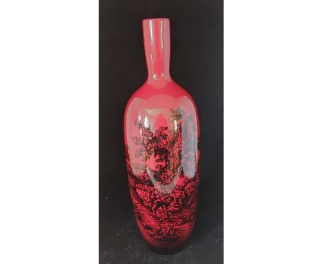 A Royal Doulton "Sung" flambe bottle vase printed with huntsman in a landscape, pattern 1517, 33cm high