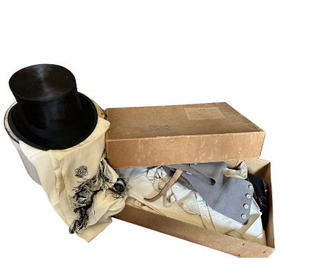 A silk top hat and an ivory silk evening scarf with W monogram and monochrome fringe this measures at 21.5 inches around the 