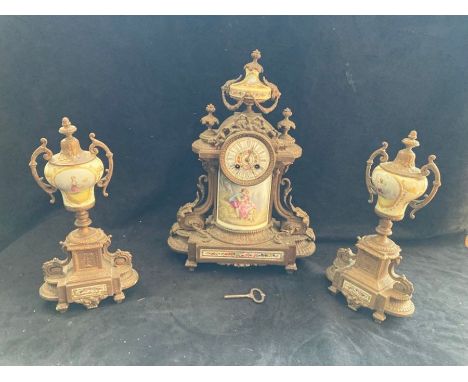 Late Victorian Clock Garniture with two Vases, One vase has a broken, previously repaired foot present but not attached. Key 