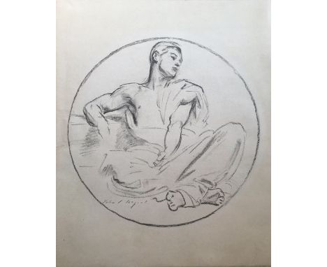 After John Singer Sargent, seated semi-nude male with partial drapery, monochrome lithograph, image 40cm diameter, Michallet 