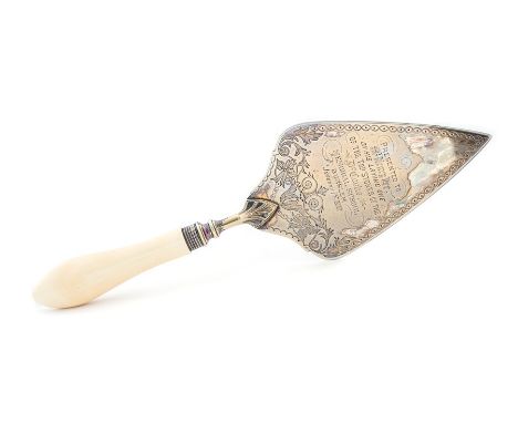 A Victorian electroplated presentation trowel, inscription relating to the laying of one of the top stones of the Dr Cooke Me