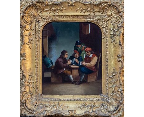 Manner of David Teniers the younger, boors playing cards in a tavern, a pair, oil on canvasm 31 by 25.5cm, gilt frames (2)