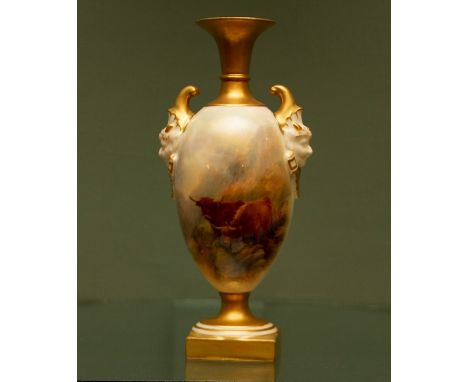 A Royal Worcester twin handled baluster vase painted with Highland cattle and signed Harry Stinton, date cypher for 1919, sha