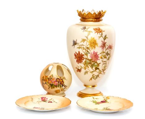 A Royal Worcester blush ivory vase. early 20th Century, shape No.1268, castellated rim, height 23cm, together with a ball pot