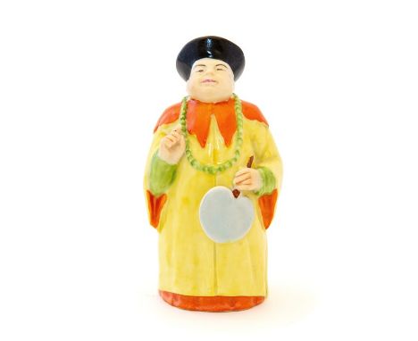 A Royal Worcester candle snuffer, in the form of a Chinaman wearing a yellow robe and holding a fan, date cypher for circa 19