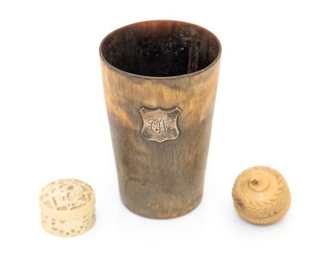A 19th Century horn beaker with silver cartouche engraved with initials together with a late 19th Century Chinese carved ivor