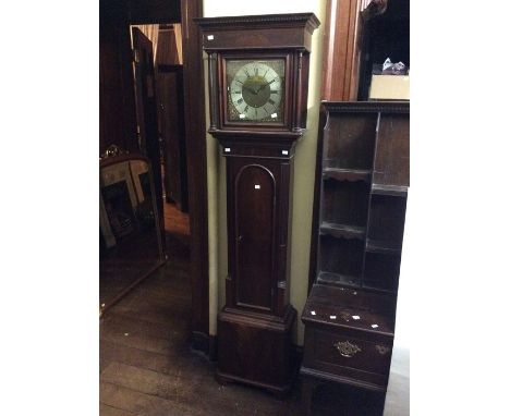An early George III flamed mahogany longcase grandfather clock by Joshua Harrocks of Lancaster, c.1760, dental pediment, abov