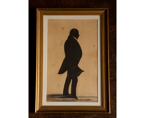 Six various 19th Century silhouette portrait miniatures, gentlemen in profile, (one on ivory), largest 23 by 14cm, framed (6)