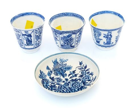 A group of ceramics including a first period Worcester blue and white saucer decorated with Chinese flowers, hatched crescent