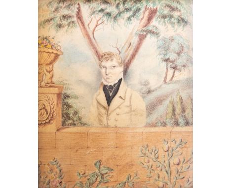 British School, early 19th Century, portrait of John Drury, aged 12, 1822, standing half length behind a wall in a garden, ti