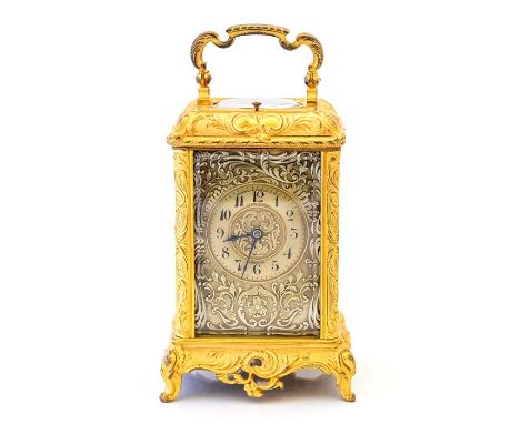 Howell &amp; James, London, a late 19th Century French repeating carriage clock, gilt ormolu corniche case with visible escap