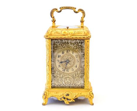 Howell &amp; James, London, a late 19th Century French repeating carriage clock, gilt ormolu corniche case with visible escap