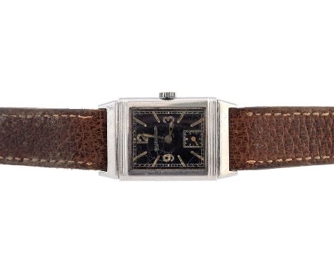 Jaeger Le Coultre, a vintage gents steel Jaeger Le Coultre Art Deco Reverso wristwatch, 2cm rectangular black dial with illum