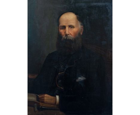 British School, circa 1880, portrait of a gentleman, half length in a dark suit with a book on a table, oil on canvas laid do