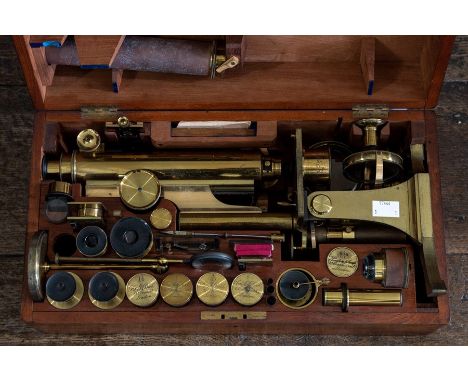 A 19th century gilt brass binocular microscope, Smith &amp; Beck, London, contained in the original mahogany fitted case with