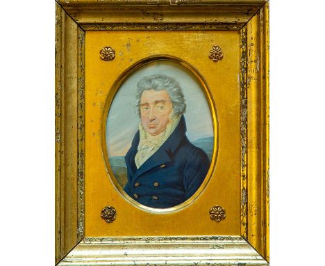 A Regency oval portrait miniature of a gentleman with grey hair wearing a white stock and blue tunic with brass buttons, goua