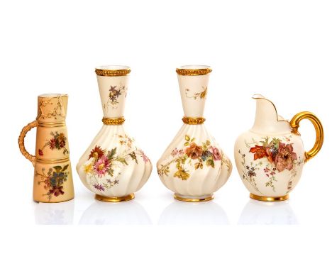 A pair of Royal Worcester blush ivory wrythen vases, shape No.1452, height 16cm, and two jugs, shape No.1094 and 1047 (4)Cond