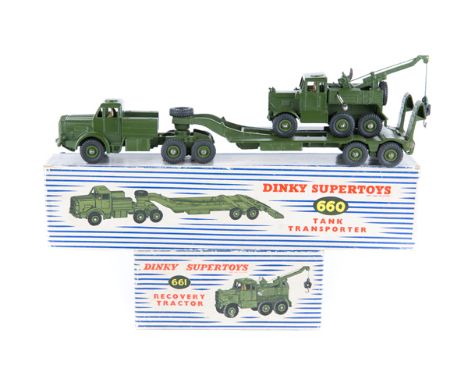 2 Dinky Supertoys Military Vehicles. Antar Tank Transporter (660) Plus a Scammell Recovery Tractor (661). Both in olive green