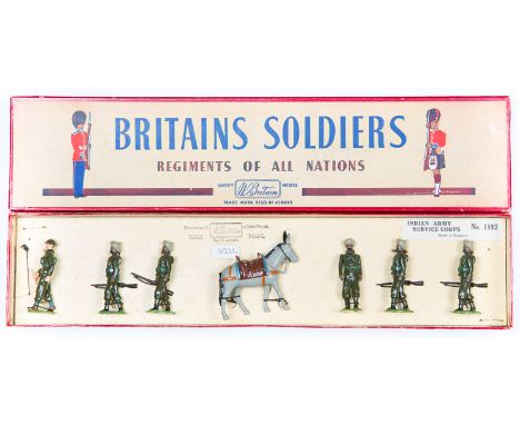 Britains Royal Indian Army Service Corps set No.1893. Comprising 6 pieces, British Officer with baton and tin helmet, 4 Sepoy