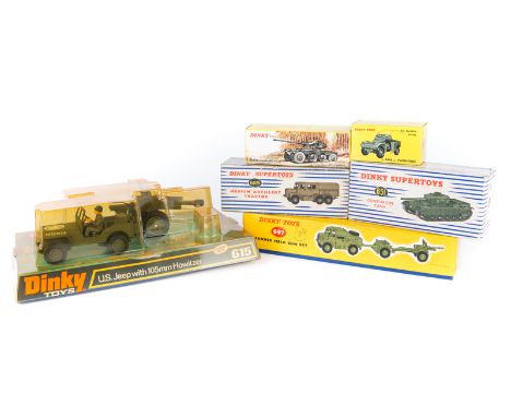 12 Dinky/French Dinky Military. Army Water Tanker (643), Field Artillery Tractor (688), late issue with plastic wheels (loose