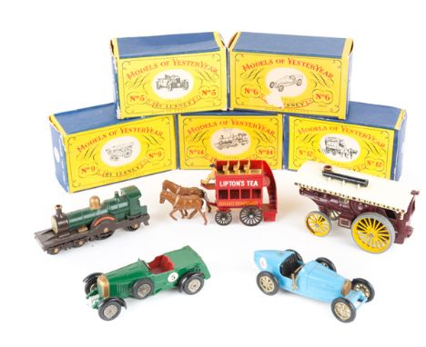 5 early Matchbox Yesteryears. No.5 Bentley, No.6 Bugatti (light blue), No.9 Showmans Engine, No.12 Horse Drawn Bus and No.14 