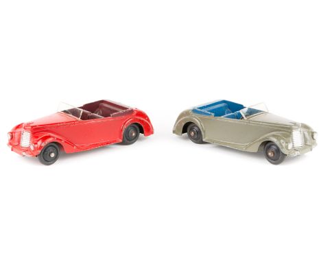 2 Dinky Toys 38 series Armstrong Siddeley (38e). One in red with maroon interior and black wheels. The other in dark grey wit