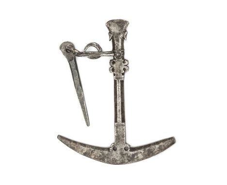 An interesting late 18th century iron gun flint knapping tool from N India,  of pickaxe form, nicely made, with pierced and p