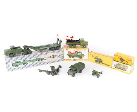 14 Dinky/French Dinky Military. Antar Tank Transporter (660), 25pdr Field Gun (686), Berliet Missile Launcher (620), Foden Ar