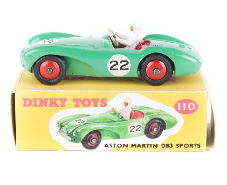 Dinky Toys Aston Martin DB3 Sports (110). In green with red seats and wheels, RN22. Complete with driver. Vehicle Mint   Plat