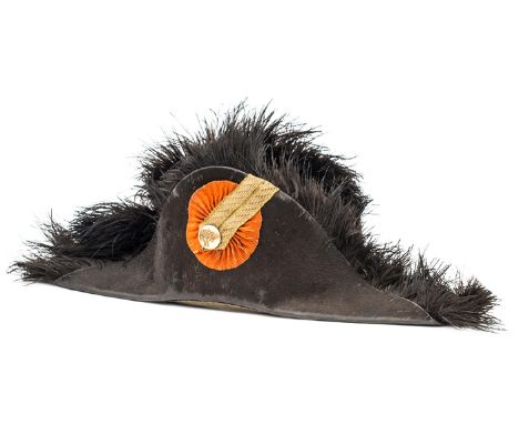 A late 19th Century Dutch army officer’s cocked hat, of black beaver, the edges trimmed with black swan’s feather, gilt lace 