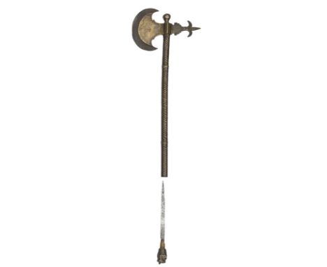 A 19th century Indian axe,  crescent blade 5”, with brass panel, into stem and ornamental peen stamped overall with small con