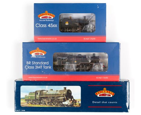 3 Bachmann OO gauge locomotives. BR Standard class 3MT 2-6-2T locomotive, 82001 (31-979). In black livery with early emblem. 