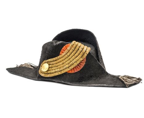 A late 19th Century Dutch naval officer’s cocked hat, black beaver body, silver bullion tassels, on scarlet, fore and aft, tr