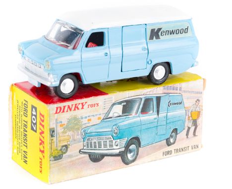 Dinky Toys Ford Transit Van ‘Kenwood’ (407). In light blue with white roof, red interior, ‘Kenwood’ to sides. Boxed, minor we