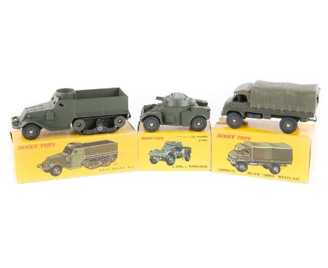 3 French Dinky Toys Army Vehicles. ‘AML’ Panhard Armoured Car (814), ‘Unimog’ Mercedes-Benz Camionnette Militaire (821), Half