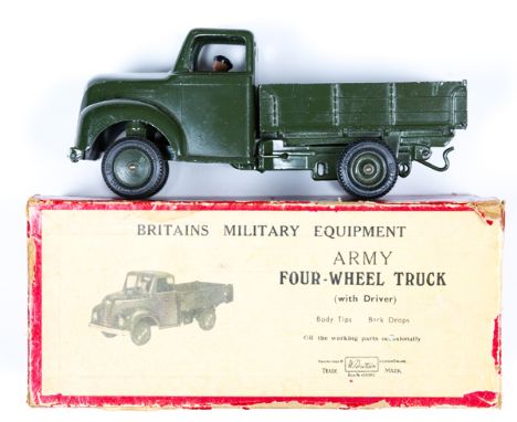 Britains Army Four-Wheel Truck (1334). A late Fordson example, with fixed doors, driver, tipping rear body with drop down tai