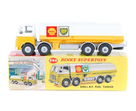 Dinky Supertoys Leyland Octopus Shell-B.P. Fuel Tanker (944). In white, yellow and light grey livery, with light grey plastic