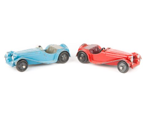 2 Dinky Toys 38 series Jaguar (38f). One in light blue, with mid-grey interior and black wheels. The other in red with maroon