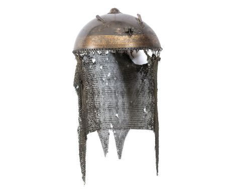 A good 18th century Indian helmet kulah khud, the shallow domed skull decorated around the base with a broad band of gold kof